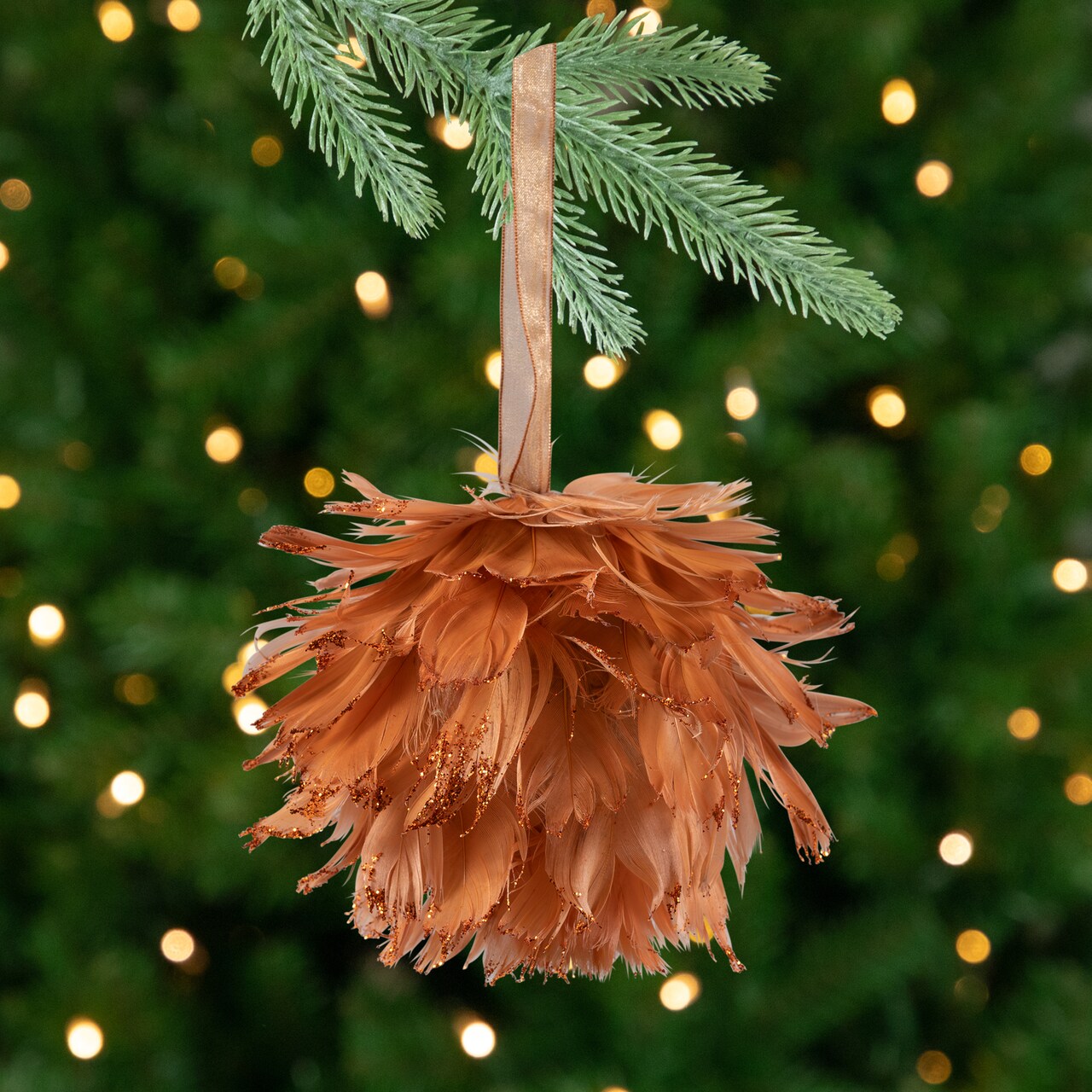 Northlight Glitter Edged Feathers Christmas Ball Ornament - 6" - Rust Orange